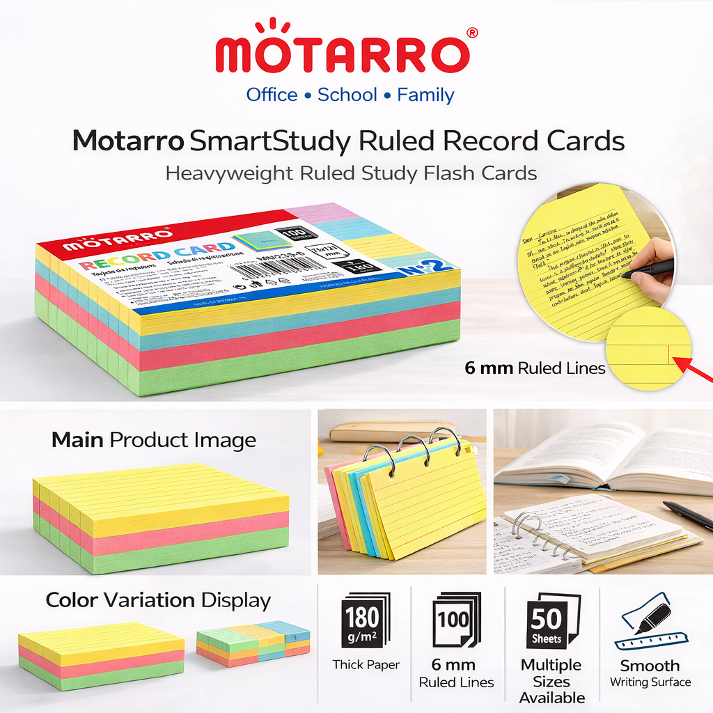 Motarro SmartStudy Ruled Record Cards – 160 × 220 mm (50 Sheets ...