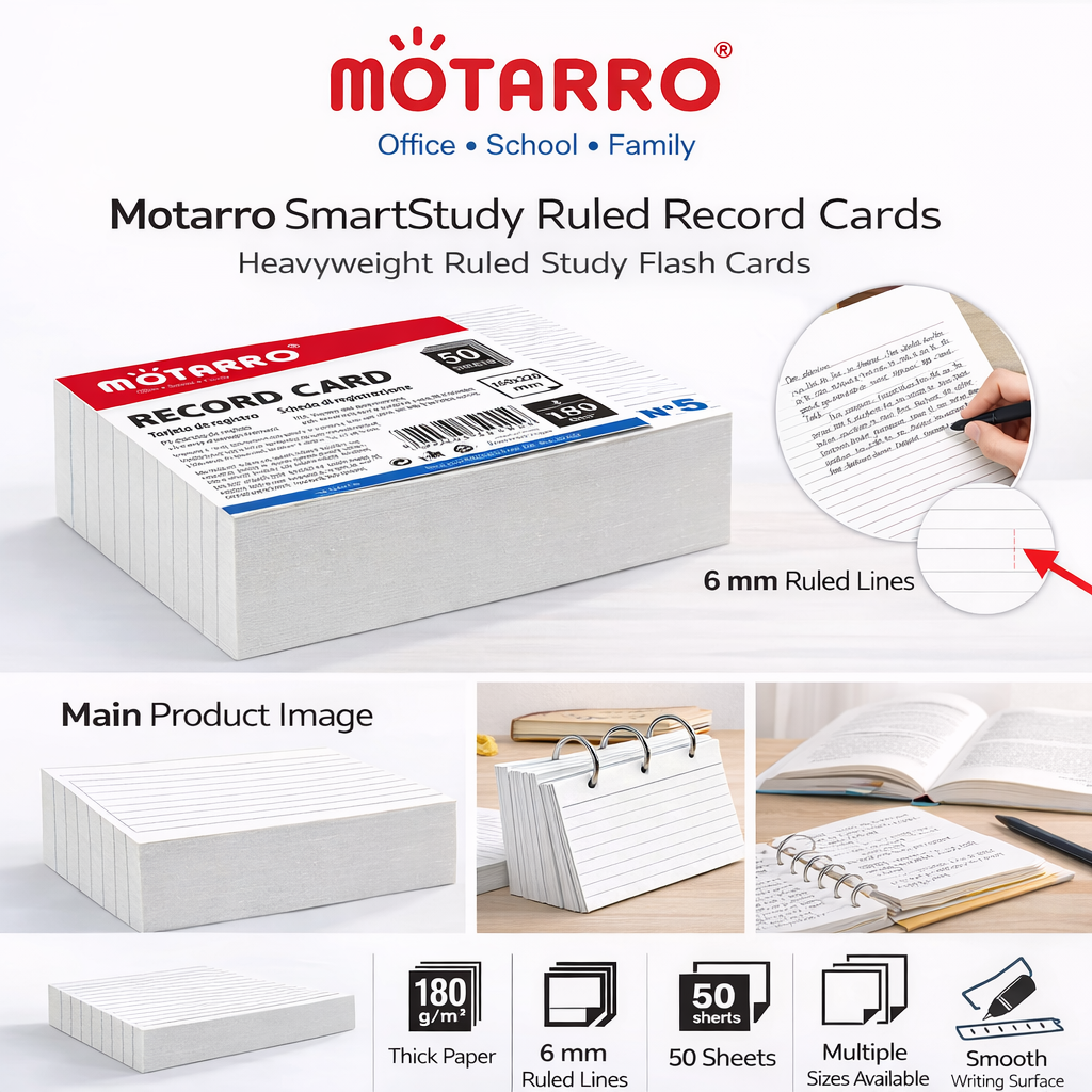 Motarro SmartStudy Ruled Record Cards – 125 × 200 mm (50 Sheets ...