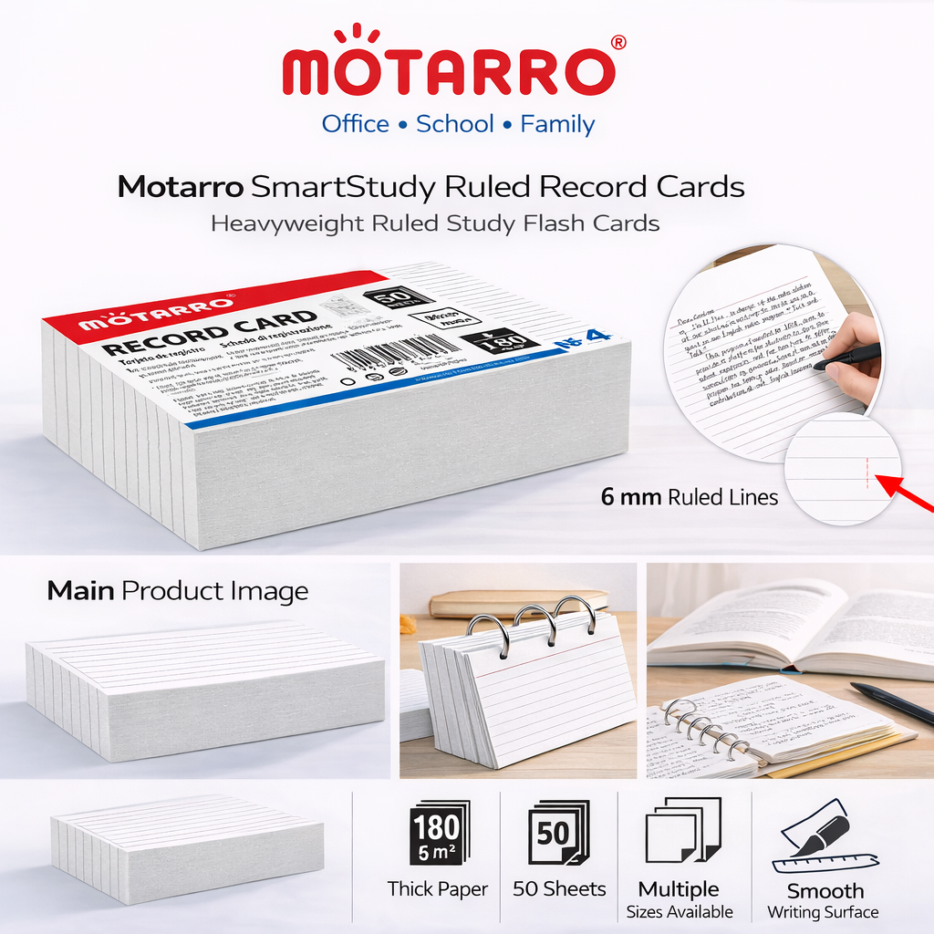 Motarro SmartStudy Ruled Record Cards – 75 × 125 mm (100 Sheets ...