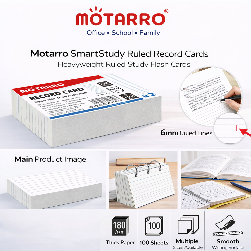 Motarro SmartStudy Ruled Record Cards – 65 × 95 mm (100 Sheets ...